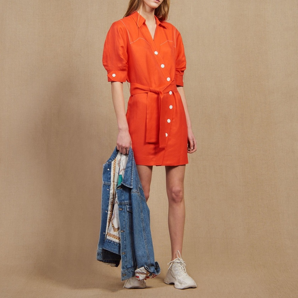 Sandro Bright Orange Button-Down Mini Dress